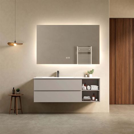 Mobile bagno sospeso 140 cm Grigio Cenere Lavabo a Sinistra in Resina Specchio Quadro Retroilluminato - Fiji Paint Plus (1/4)