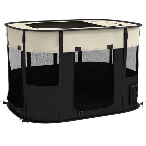 Parc pliable pour chien, chat et petits animaux en toile Oxford blanc crème et noir, avec sac de rangement, dimensions 94 x 74 x 60 cm. (1/5)