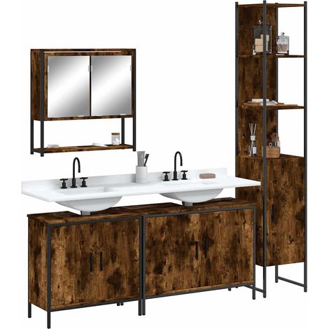 Ensemble meubles de salle de bain 4 pièces en bois d’ingénierie chêne fumé avec miroir, 71kg - PANGIVO (1/5)