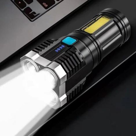 Neue, leistungsstarke, multifunktionale, wiederaufladbare COB-LED-Seitentaschenlampe mit USB-Anschluss und 4 Leuchtköpfen, schwarz (Packung beinhaltet 1 Taschenlampe + 1 USB-Kabel) (1/5)