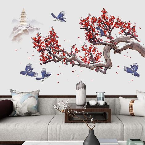 Stickers Muraux Fleurs de Cerisier Japonais Autocollant Mural Branche Arbre Floral Oiseaux Deco Stickers Salon Chambre Enfants Bébé Décoration (1/5)