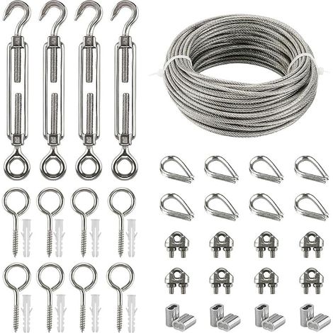 Kits de Câble en Acier Inox, 20m Câble Acier Galvanisé, Kit de Câble Métallique avce Tendeur Oeil-crochet M5, Attaches pour Câbles Métalliques, Manchons de Sertissage, Pitons Fermé, Cosse Coeur (1/5)