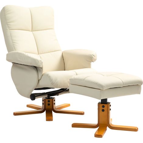 Sillón de relajación con taburete, espacio de almacenamiento, sillón para TV tapizado con función reclinable, sillón para TV giratorio 360° para dormitorio, sala de estar, piel sintética, blanco crema