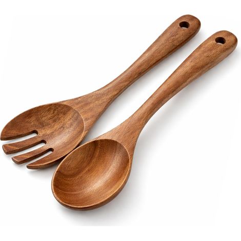 Service à Salade en Bois - 26cm Cuillère à Salade et Fourchette à Salade, Couvert à Salade en Bois avec Trou de Suspension, Ustensiles de Cuisine pour Salade, Pâtes (1/5)