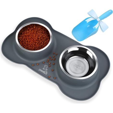 Gamelle Double Chien Chat - Acier Inoxydable 304 - Tapis Anti-Débordement en Silicone Alimentaire - 2 x 400 ml - Gris