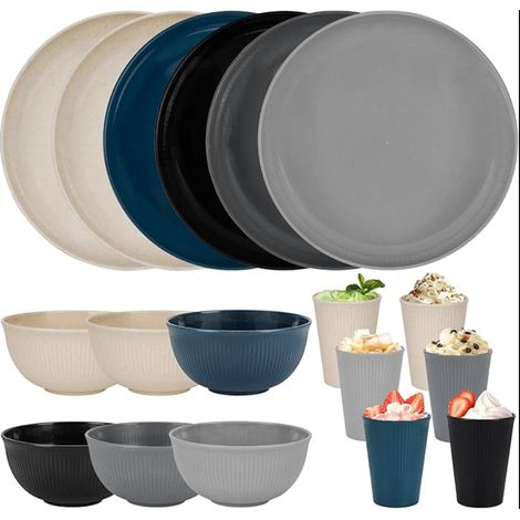 Service de table assiettes et bols pour adultes, en plastique réutilisables, tasses, bols fête, camping, maison, bureau (1/5)