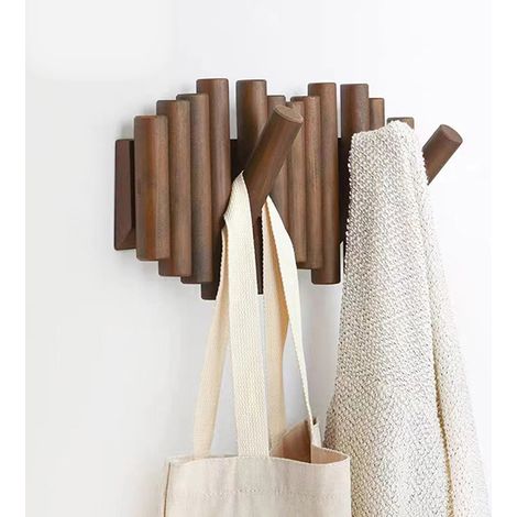 Porte-manteau mural en bois massif de qualité supérieure, doté de 5 crochets rétractables et d'un design innovant. Dimensions : 38 × 17 × 3 cm (coloris noyer).