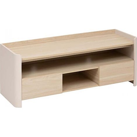 Meuble TV avec deux portes et des étagères internes, coloris blanc/chêne naturel - Longueur 120 x Profondeur 40 x Hauteur 45 cm (1/5)