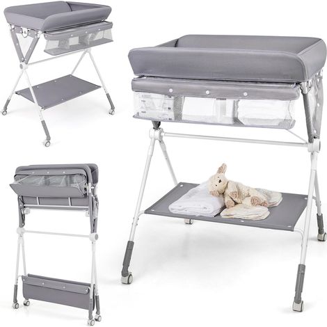 COSTWAY Fasciatoio Pieghevole per Bambini,Altezza Regolabile,Porta Asciugamani,0-12 Mesi,Grigio