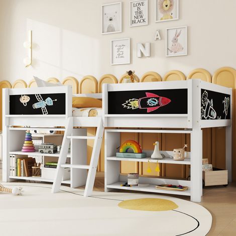 Lit 90x200 cm blanc – mi-hauteur avec rangements, échelle, sans matelas (1/5)