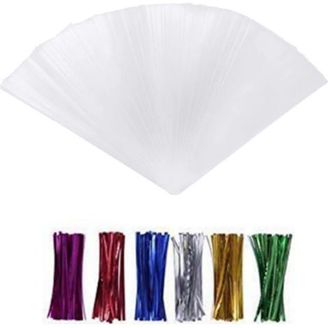 Sac Cone Transparent - 25 x 13 cm - OPP Alimentaire - Pour Bonbons Cookies Chocolats Popcorn - Lot de 100 Pièces avec 100 Liens Colorés (1/5)