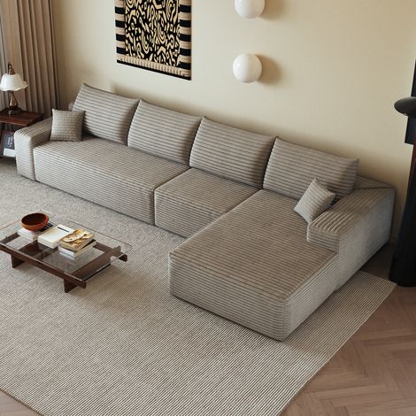 Divano modulare ad angolo 340 cm, senza montaggio, seduta profonda, tessuto corduroy, Camel (1/5)