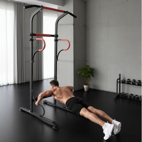 Power Tower réglable avec barre de traction, station dips, 4 ventouses, noir HAVRYA (1/4)