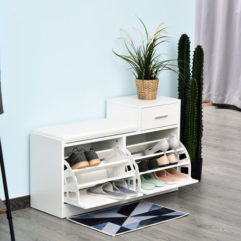 Zapatero moderno con banco acolchado para 12 pares de zapatos, mueble de entrada con zapatero, madera, elegante, espacioso, 94,5 x 57 x 30 cm, blanco (1/5)