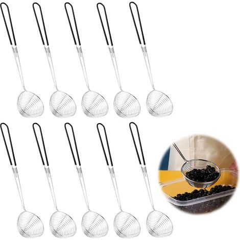 Stainless Steel Spider Skimmer with Silicone Handle, Fine Sieve Spoon with Long Handle, Set of 10 (Black) (1/5)
