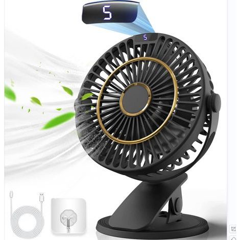 Wiederaufladbarer Tischventilator, Mini-USB-Ventilator mit LCD-Display, 5 Geschwindigkeitsstufen, 720°-Drehung, leiser, tragbarer Ventilator, Tischventilator für Büro/Zuhause/Camping – Schwarz (1/5)