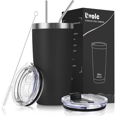 Thermobecher 600ml Edelstahl Vakuum Autobecher Strohhalm 20 oz Schwarz (1/5)