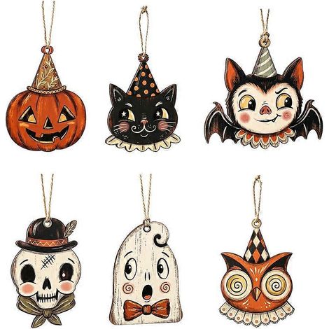 Wooden Ornament Set With Vintage Design For Halloween Tree And Mantel Decor (1/5)