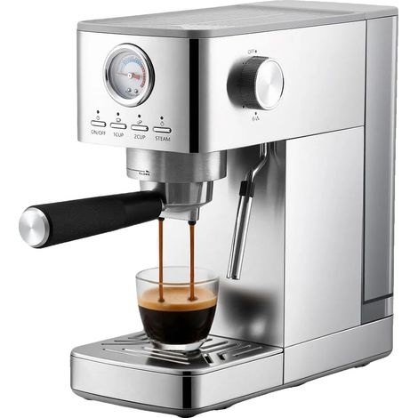 Cafetera espresso, 1300 W, compacta, apta para 1-2 tazas, depósito de agua extraíble, espumador de leche. (1/5)