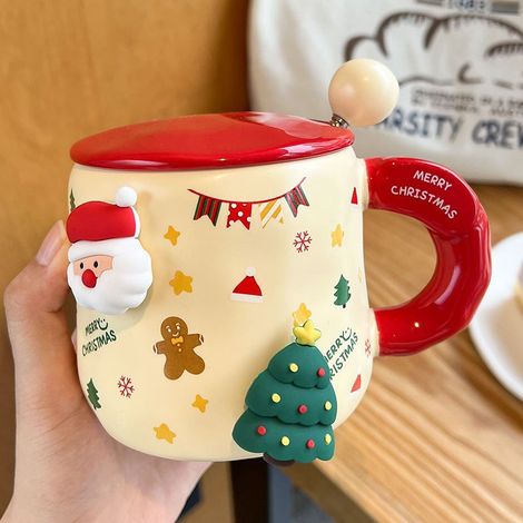Weihnachtstasse, Keramiktasse mit Deckel, Weihnachtstasse mit Löffel, hübsche Keramik-Kaffeetassen, Weihnachtsgeschenke (1/3)