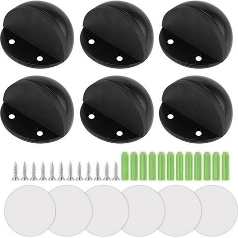 Juego de topes de puerta autoadhesivos, paquete de 6 piezas, acero inoxidable negro, con almohadilla de goma amortiguadora, apto para suelos duros - tornillos incluidos. (1/5)