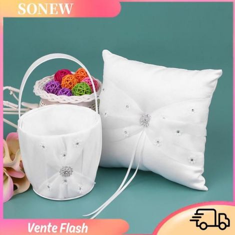 Sonew Ensemble de panier de fleurs d'oreiller d'anneau Ensemble d'oreiller porteur d'anneau et de panier de fille de deco murale (1/5)