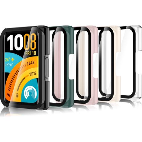 5 Pack Coque avec Verre Trempé Compatible pour Huawei Band 11 Pro, Coque Rigide en PC HD avec Protection D'écran, Résistant Aux Rayures, Transparent/Noir/Rose/Blanc/Vert (1/5)