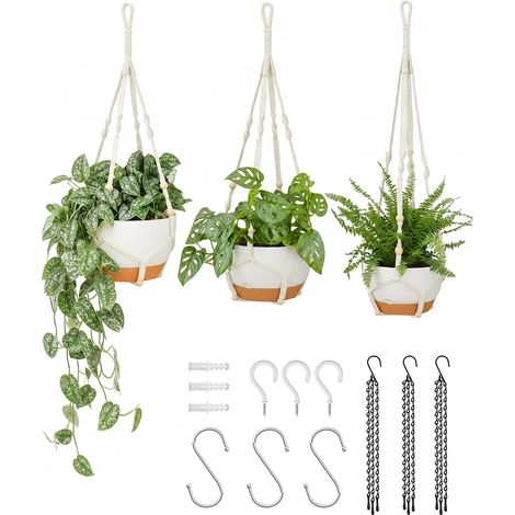 Set of 3 Macrame Plant Hanger with Automatic Watering, Indoor Plant Support and Balcony 28/23/20 cm with Chains and Underpots, White (1/5)
