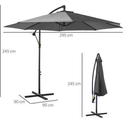 Parasol rond gris cadre acier polyester à manivelle Ø2,95x2,45m anti-UV étanche anti-vent structure stable, adapté jardin terrasse balcon plage (1/5)