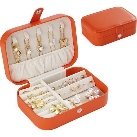 Portagioie da viaggio, portagioie portatile con specchio, portagioie per collane, bracciali, anelli, orecchini, arancione (1/3)