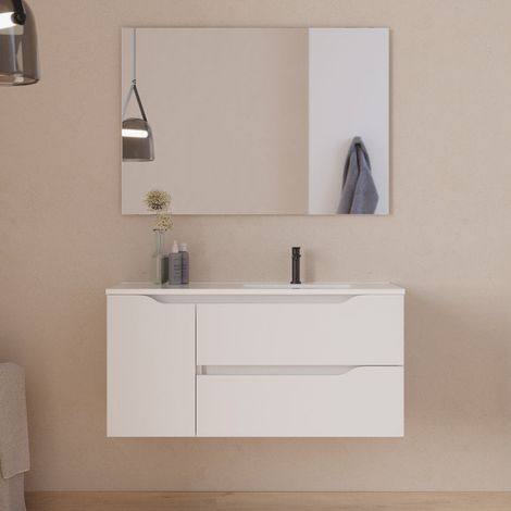Meuble de salle de bain 100cm avec vasque déportée à droite et miroir - 2 tiroirs et un placard - blanc - ZARZA