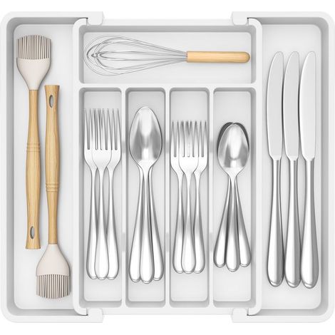 Organisateur de tiroir à couverts, plateau extensible pour couverts de cuisine, couverts et support à couverts sans BPA, blanc (1/4)