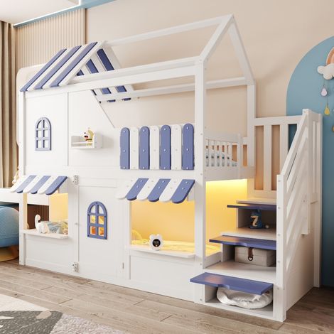Lit superposé enfant 90x200 cm - Lit cabane maison avec toit et fenêtres - LED - Escalier de rangement - Bois massif - Blanc et Bleu (1/5)