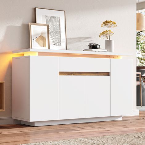 Weißes LED-Sideboard 140x40x80 cm, 4 Türen, 1 Schublade, 2 verstellbare Böden, Stauraum für Wohnzimmer, Küche und Flur LINHOO