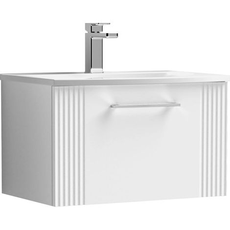 Belvide Partial Fluted 1 Drawer Wall Hung Vanity Unit with 1 Tap Hole Curved Basin- 600mm - Satin White (1/4)