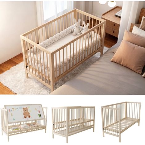 Lit bébé en bois, lit bébé multifonctionnel, transformable en berceau cododo, chevalet et bureau, hauteur réglable sur plusieurs positions, en pin, couleur bois naturel, sans matelas, 120 x 60 x 90 cm