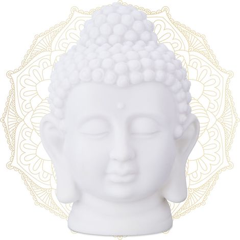 4x Testa Statua di Buddha, Fugura Decorativa da Giardino, Budda Deco Zen, in Plastica, 17 x 12 x 10 cm, Bianco