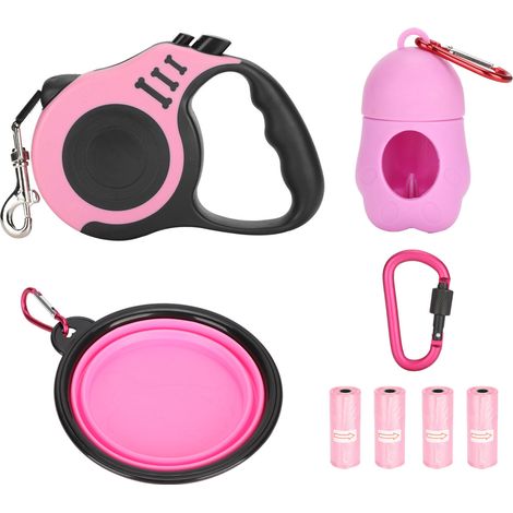 Laisse rétractable légère pour chien de 5M, avec bol pliable, distributeur de sacs poubelles, boucle rose