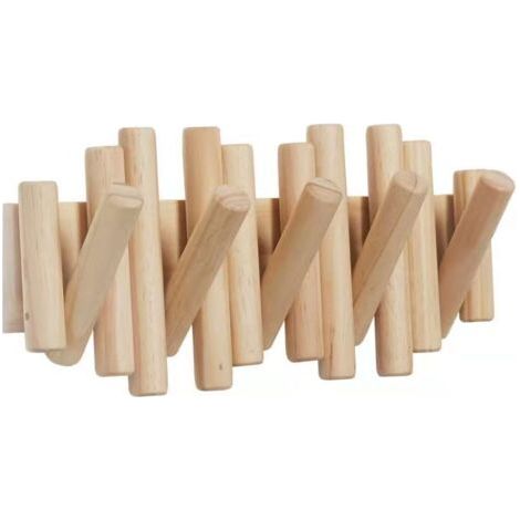 Patère murale avec 5 crochets, bois naturel, 37,1 x 16,5 x 4,4 cm (coloris bois) (1/5)