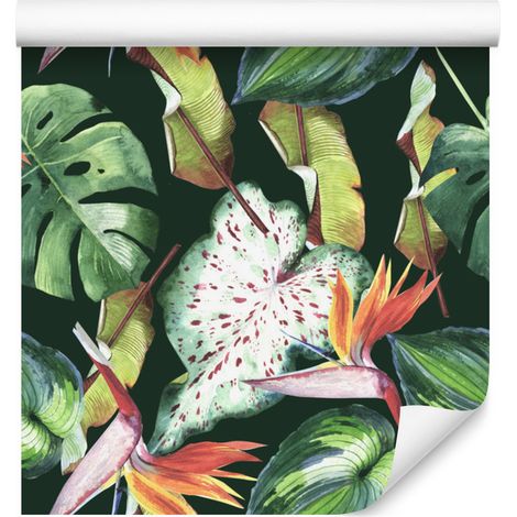 Papel pintado con flores paradisíacas y hojas tropicales para salón y dormitorio, 50x1000 cm. (1/5)