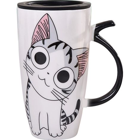 Mug en céramique 600 ml avec couvercle, motif chat mignon, idéal pour la maison ou le bureau. (1/5)