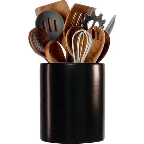 organisateur de couverts en céramique, grand bocal de rangement, adapté pour les comptoirs de cuisine, organisateur moderne d'ustensiles de cuisine, peut contenir des spatules, (noir) (1/5)