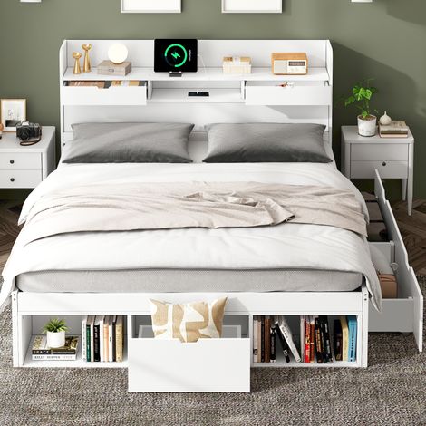Letto matrimoniale 140/200 cm bianco con prese USB/Type-C e ampio spazio contenitivo (1/5)