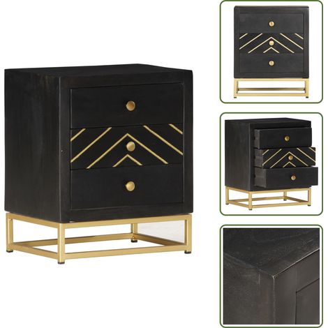 Table de chevet Noir et doré 40x30x50cm Bois de manguier massif - Table De Chevet - Table Nuit - Mobilier Chambre - Bois De Manguier - Design Retro (1/5)