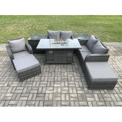 Fimous Outdoor Sofa Rattan Gartenmöbel Set Patio Gas Feuerstelle Esstisch und Liegestuhl Set mit 2 Beistelltischen 2 Big Foothocker Dunkelgrau Gemischt (1/5)