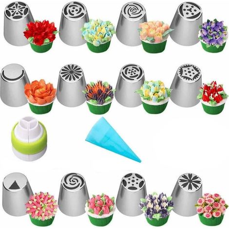 Set mit 14 kompletten russischen Spritztüllen zum Dekorieren von Kuchen und Gebäck, mit floraler Glasur und Edelstahlspitzen. (1/5)