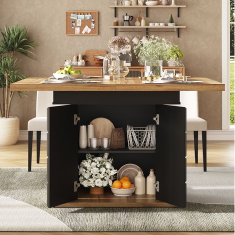 Table à manger extensible MDF noir et naturel 110-140x80x75 cm avec rangement intégré (1/5)