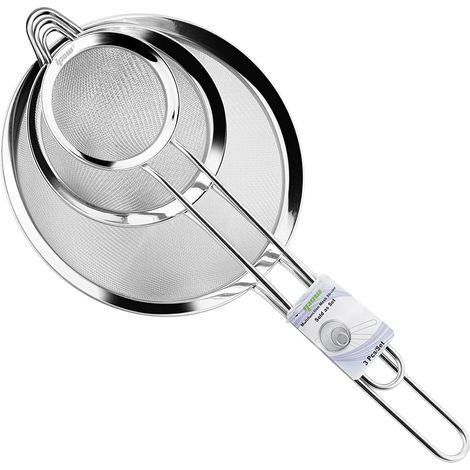 Küchensieb/Mehlsieb aus Edelstahl mit Griff, feine Maschenweite 7 cm, 12 cm und 18 cm, zum Abtropfen von Backpulver, Nudeln/Reis, Soßen und zum Filtern über Schüsseln/Becken, mit Griff zum Aufhängen