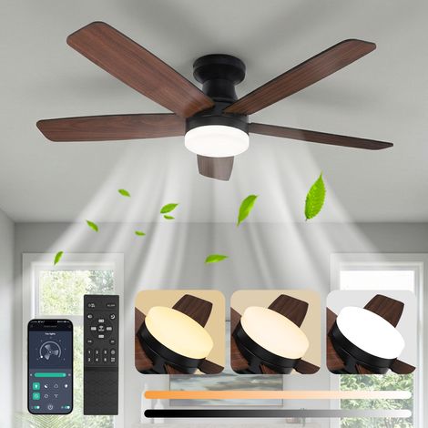 ROSNEK Ventilateur de plafond avec lumière LED 106 cm plafonnier ventilateur silencieux 5 pales réversibles avec télécommande et application noir noyer (1/5)