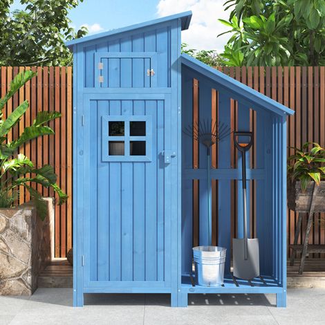 Armoire de jardin en bois 124x46x174 cm, avec 2 compartiments de rangement, 2 étagères, fenêtres, design de petite maison, meuble à outils, adapté pour petit jardin – Bleu (1/5)